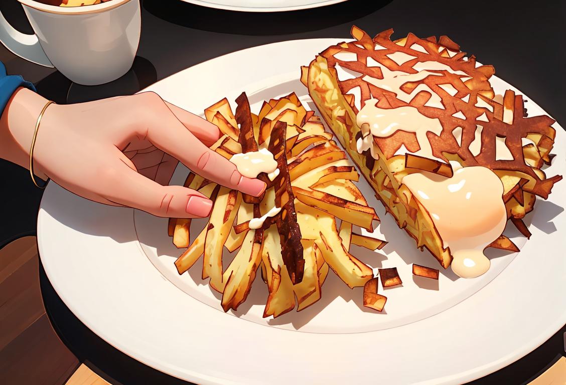 Happy person holding a plate of crispy hashbrowns, wearing a cozy sweater, enjoying a sunny outdoor breakfast scene..