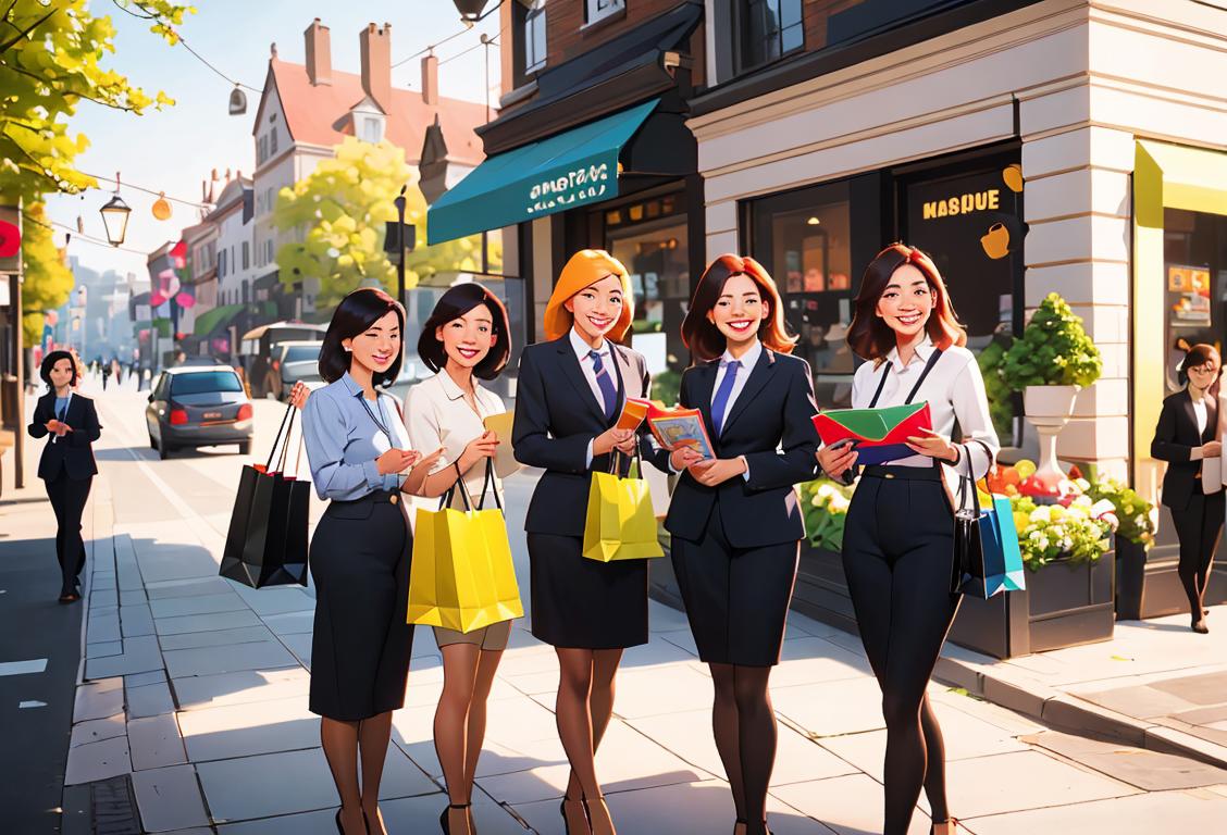 A group of diverse smiling customers, dressed in professional attire, holding shopping bags in a vibrant street..