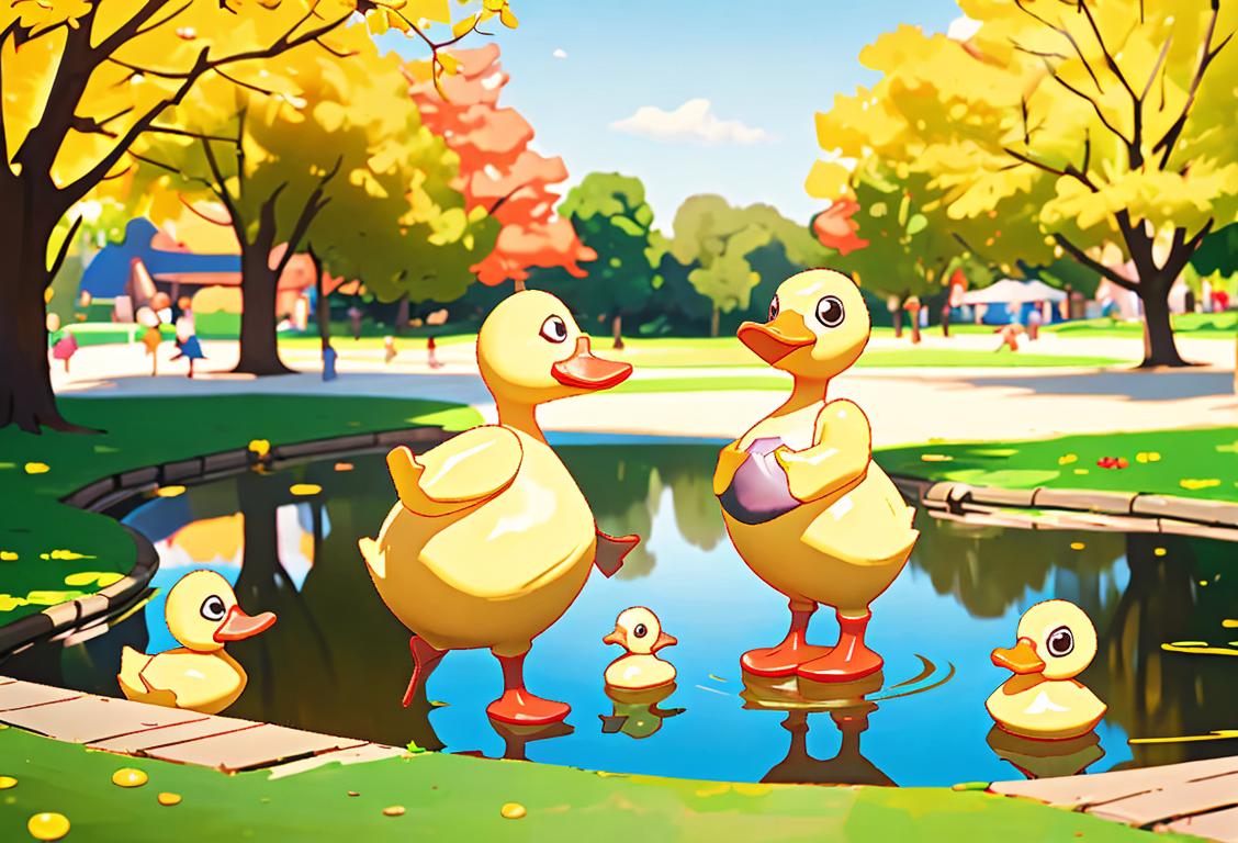 Happy children wearing duck costumes, playing with rubber ducks, in a sunny park with a pond..
