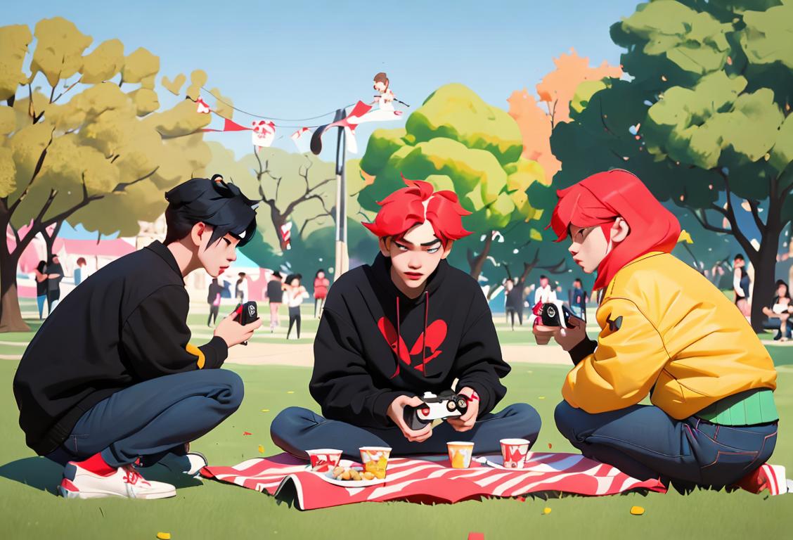 A group of friends having a picnic in a park, wearing trendy outfits, playing games, and raising awareness for a cause on National Taeyong Day..