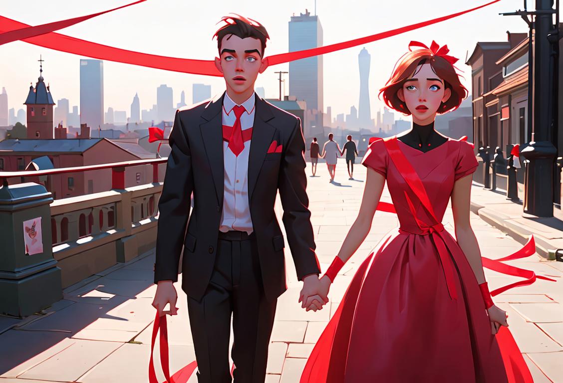 Young man and woman holding hands, wearing red ribbons, in front of a cityscape with AIDS awareness posters, diverse background..