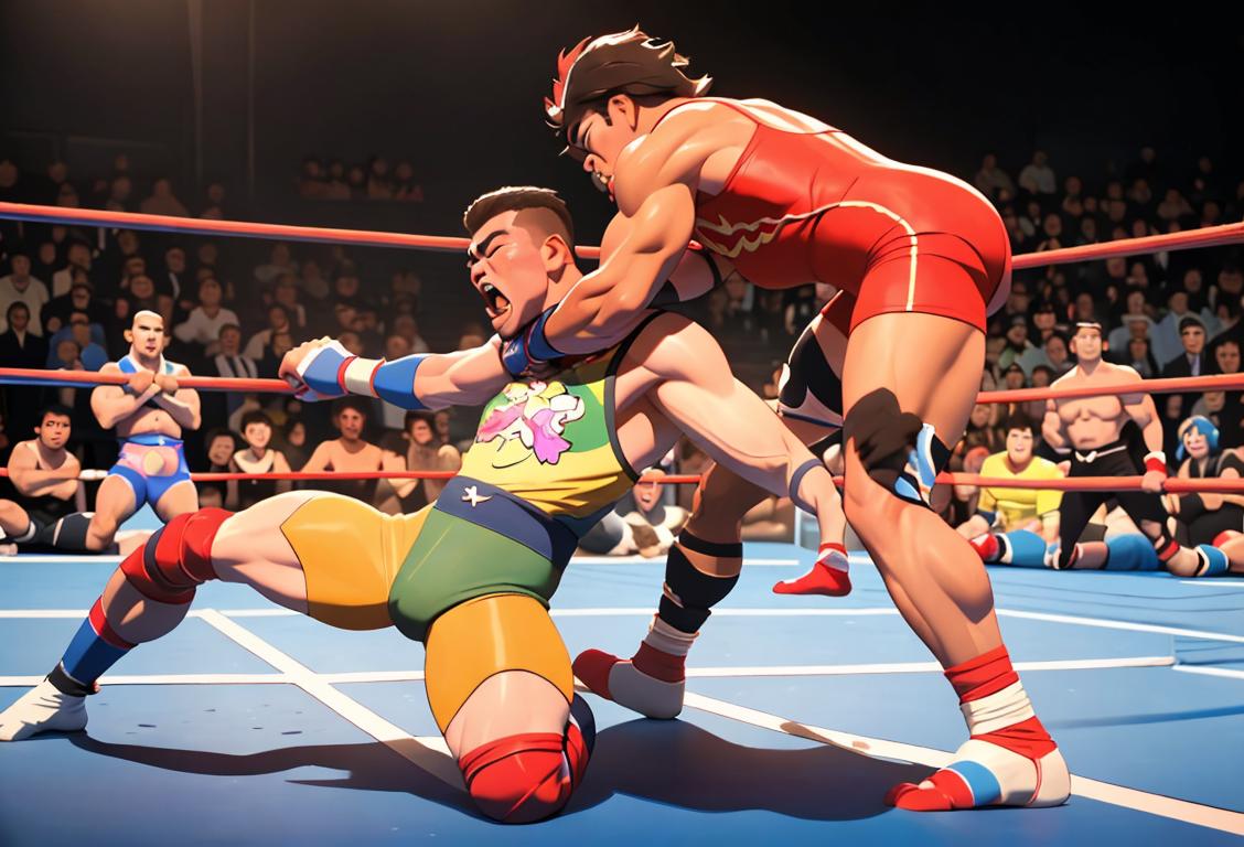 Muscular wrestlers in vibrant costumes grappling in a fierce puroresu match, surrounded by cheering fans, Japanese dojo setting.