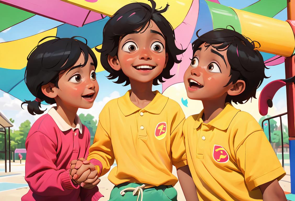 A group of smiling children holding hands, wearing colorful clothing, in a school playground, with a deworming awareness poster nearby..