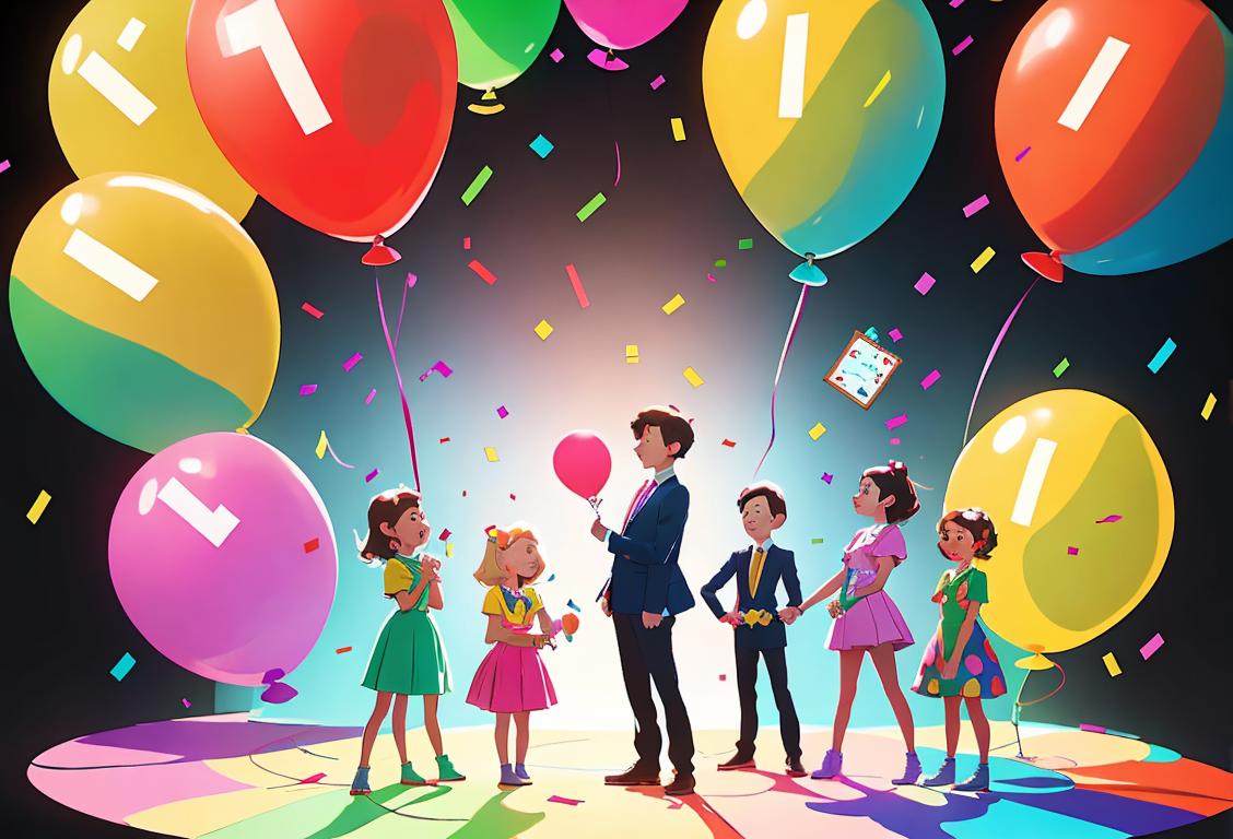 A group of diverse individuals, wearing colorful outfits, standing in front of a giant mathematical equation, surrounded by balloons and confetti..
