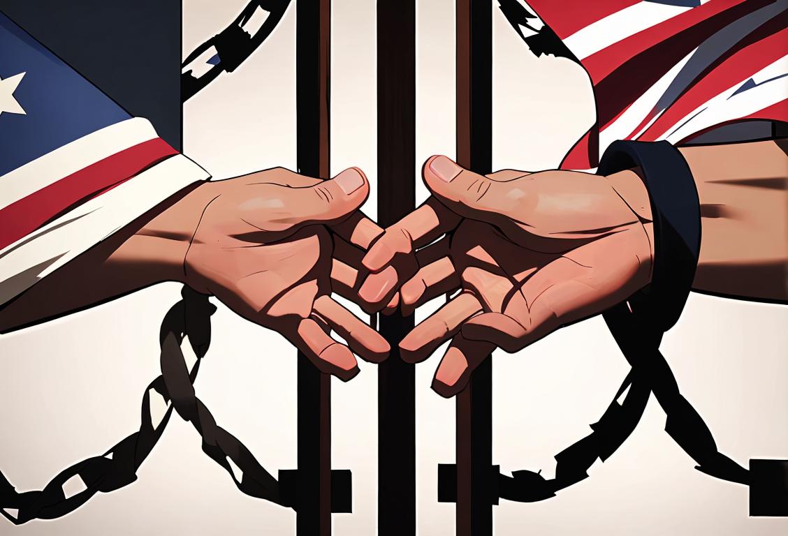 A solemn image of hands gripping prison cell bars against a background of an American flag..