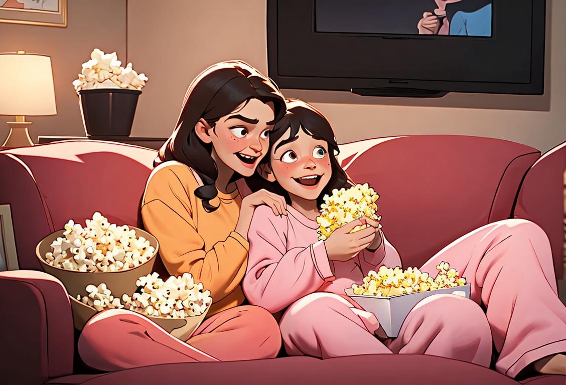 Happy family snuggled up on a cozy couch, wearing comfy pajamas, surrounded by popcorn and laughter, celebrating National Telly Every Day..