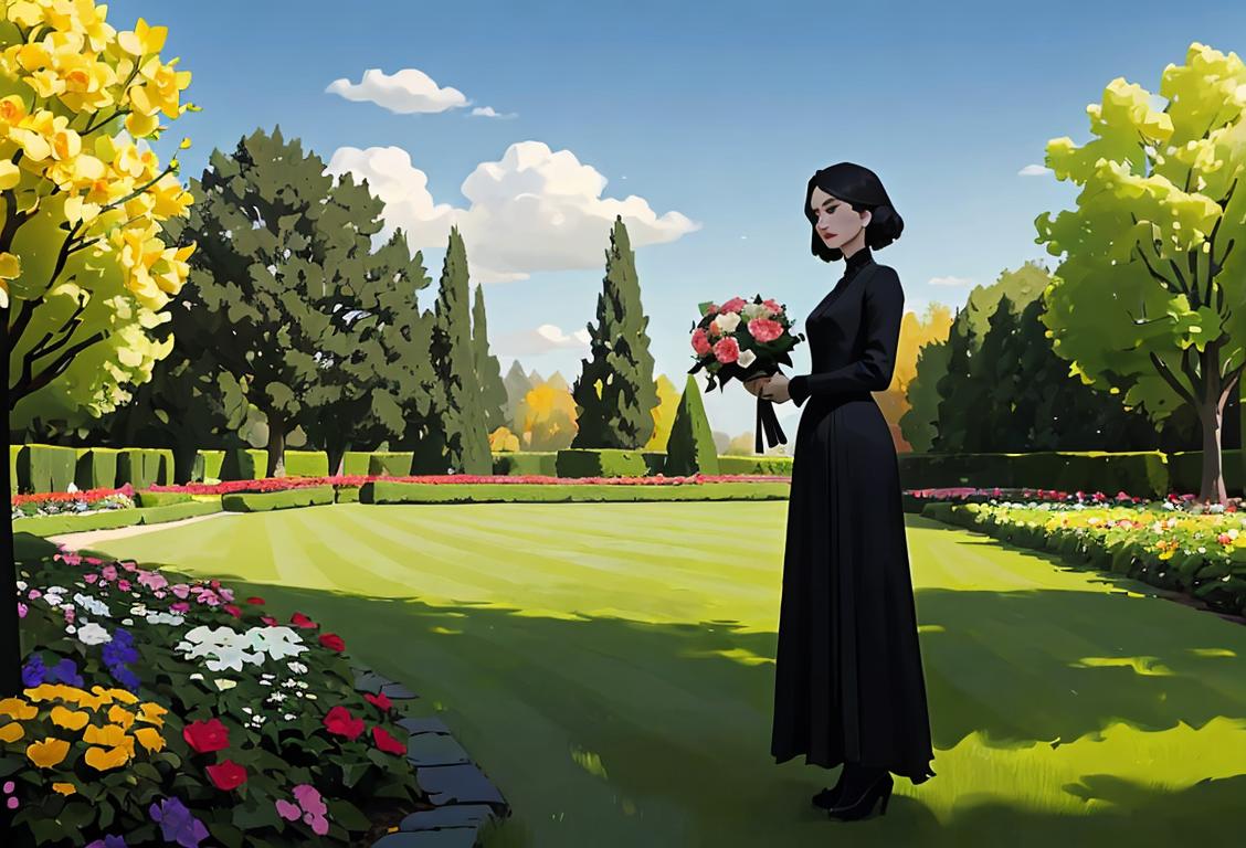 A person dressed in black attire, holding a bouquet of flowers, standing in a peaceful garden setting..