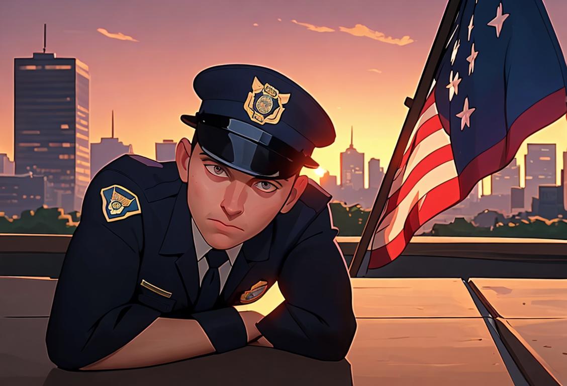 A police officer's badge resting on a folded American flag, against a backdrop of a sunset over a city skyline..