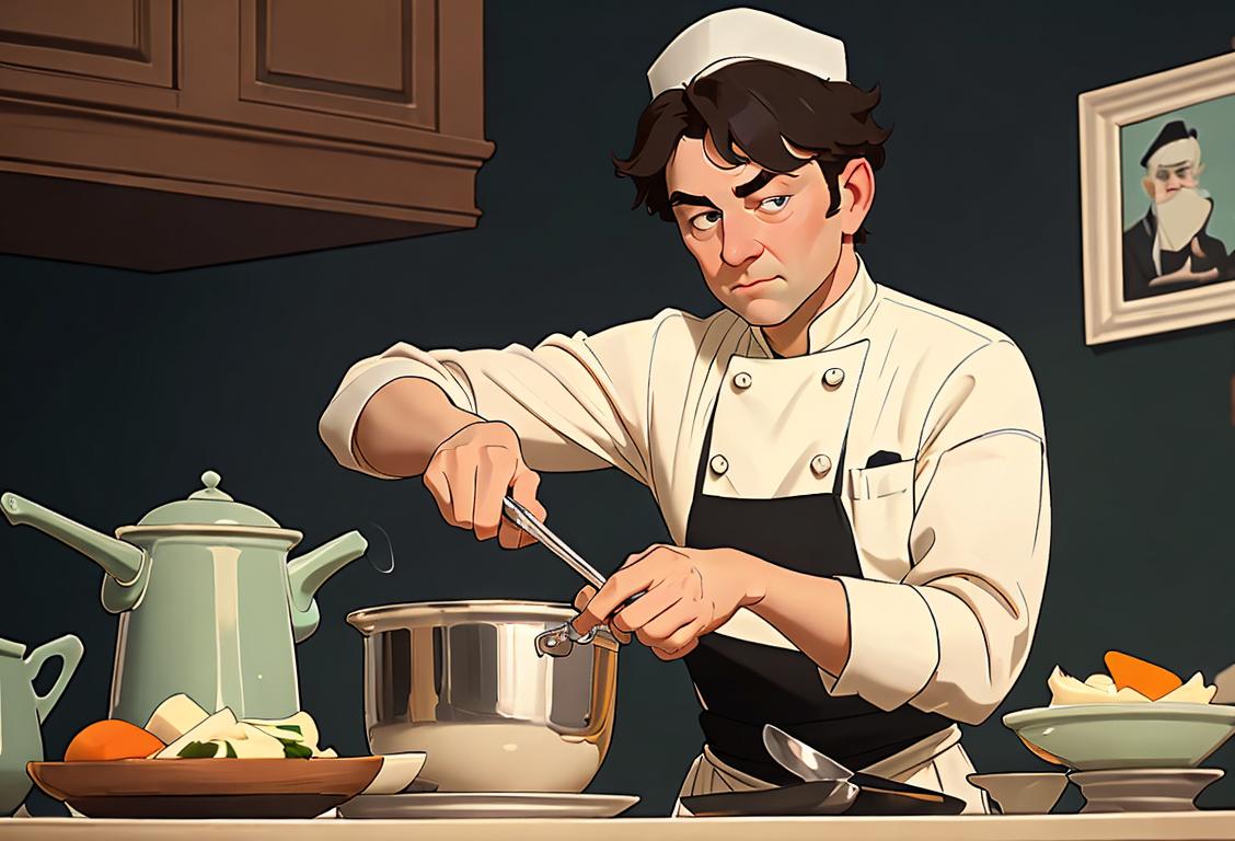 Young chef stirring a pot of delicious vichyssoise soup, wearing a classic chef hat and apron, French bistro setting.