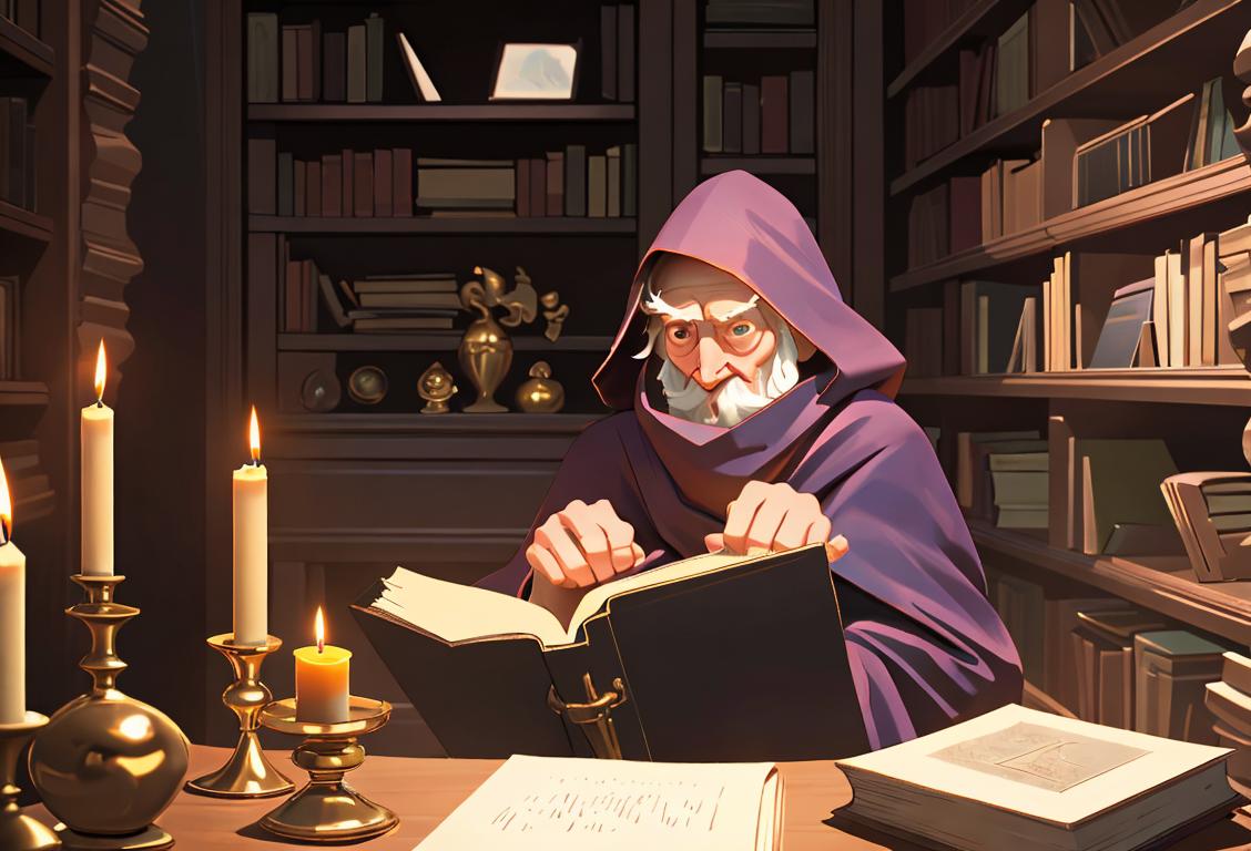 Person holding a book, surrounded by shelves of books in a cozy, candlelit library..