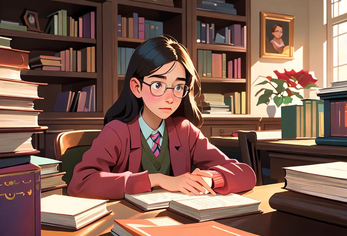 A young student sitting at a library desk, engrossed in a book, surrounded by stacks of books with colorful book covers..