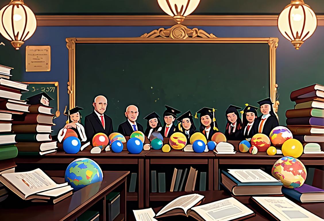 A diverse group of students surrounded by their teacher, wearing graduation caps and gowns, in a classroom filled with books and globes..