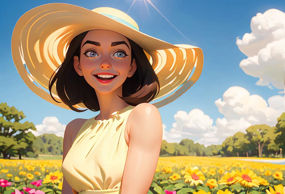 A cheerful young woman named Alyssa, with a radiant smile, surrounded by a beautiful nature scene, wearing a flowy summer dress and a sunhat, enjoying a day full of sunshine and laughter..