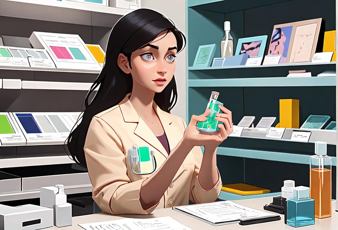 Pharmacy tech wearing a lab coat, holding a prescription bottle, in a modern, well-organized pharmacy setting..