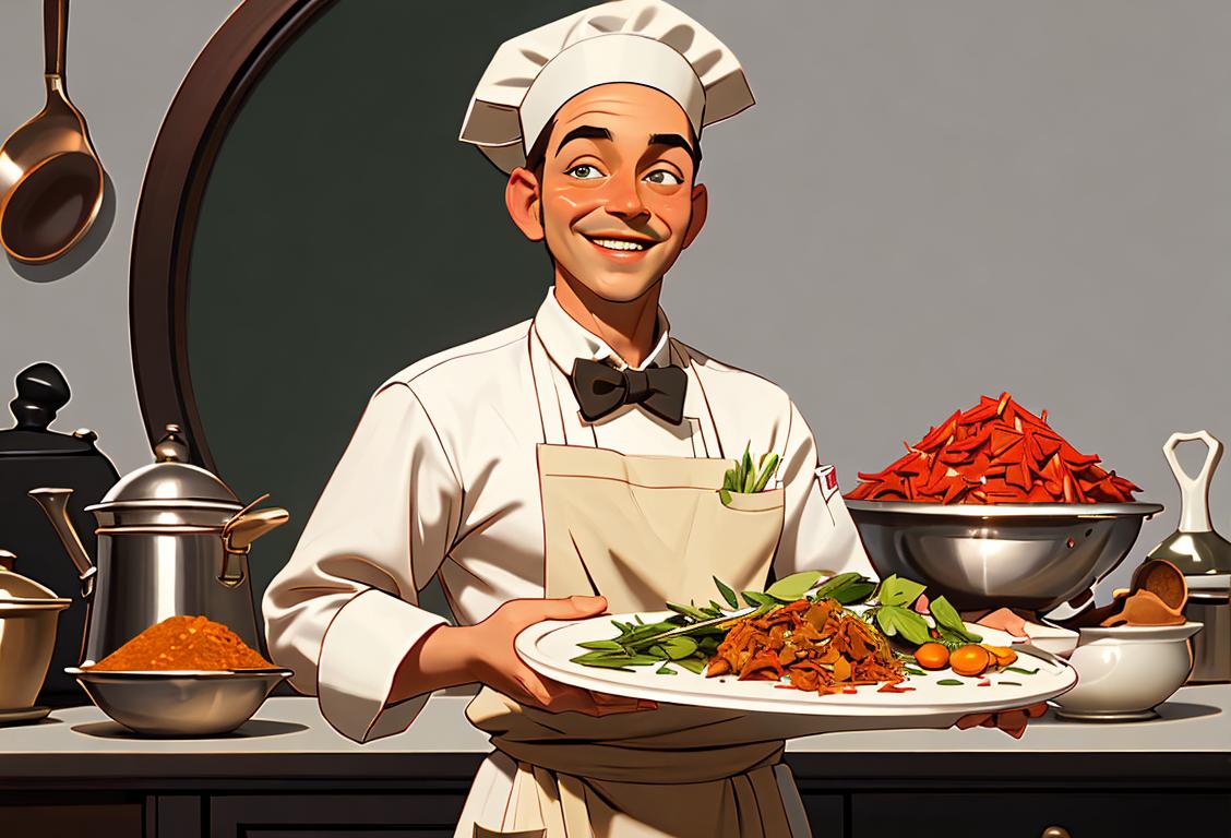 A smiling chef holding a tray of assorted herbs and spices, wearing a classic chef hat and apron, kitchen background..