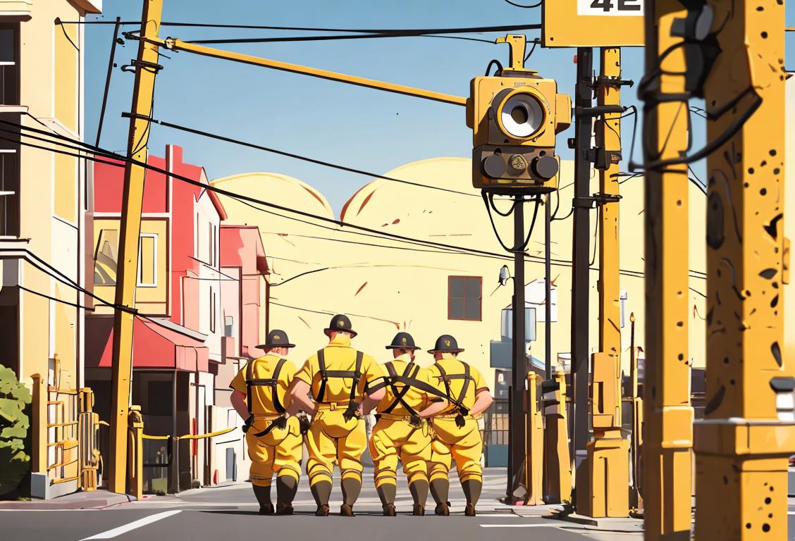 A group of linemen wearing yellow safety gear, working on electrical poles in a picturesque suburban neighborhood..