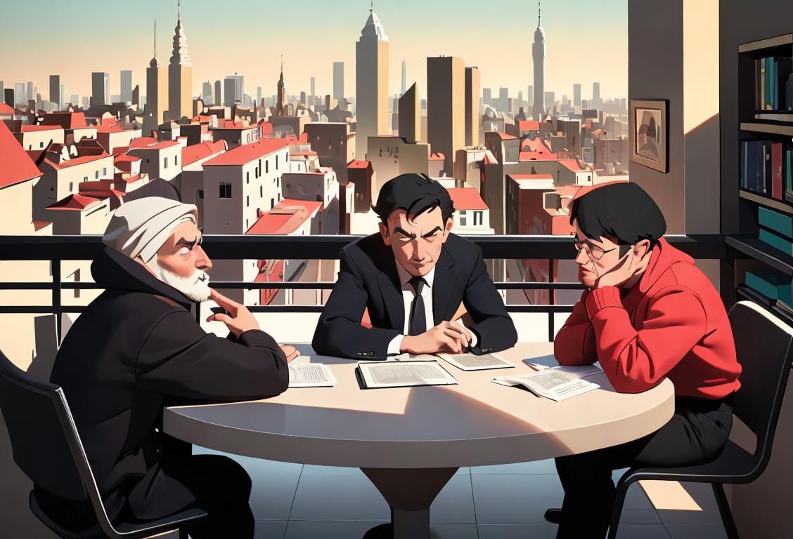 A diverse group of individuals engaging in thought-provoking conversations and wearing contemporary attire, surrounded by books and modern cityscape..