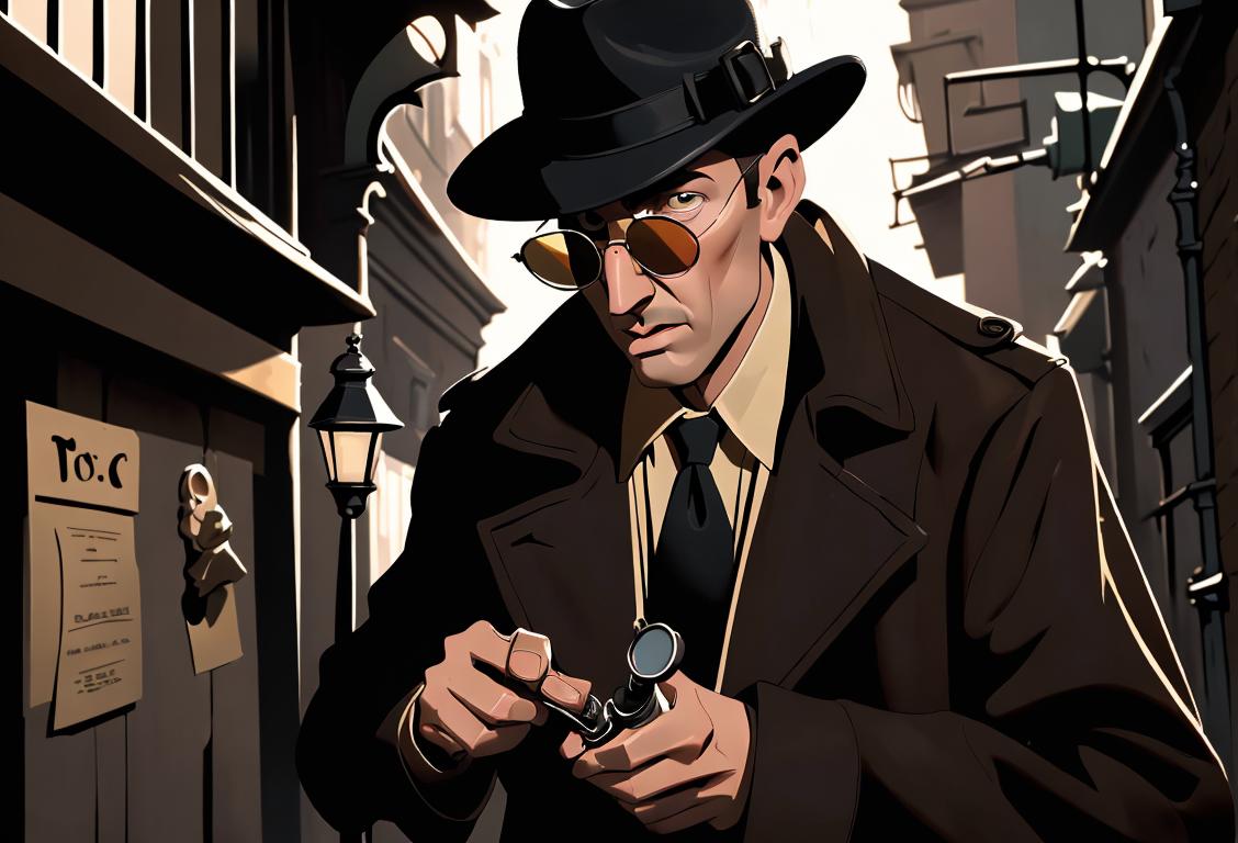 An image of a person wearing a trench coat, sunglasses, and a hat, in a dimly lit alleyway, with a magnifying glass in one hand and a locked briefcase in the other. Their fashion style is classic detective, reminiscent of 1940s film noir. The scene is filled with mystery and intrigue, creating a perfect atmosphere for National Spy Day..