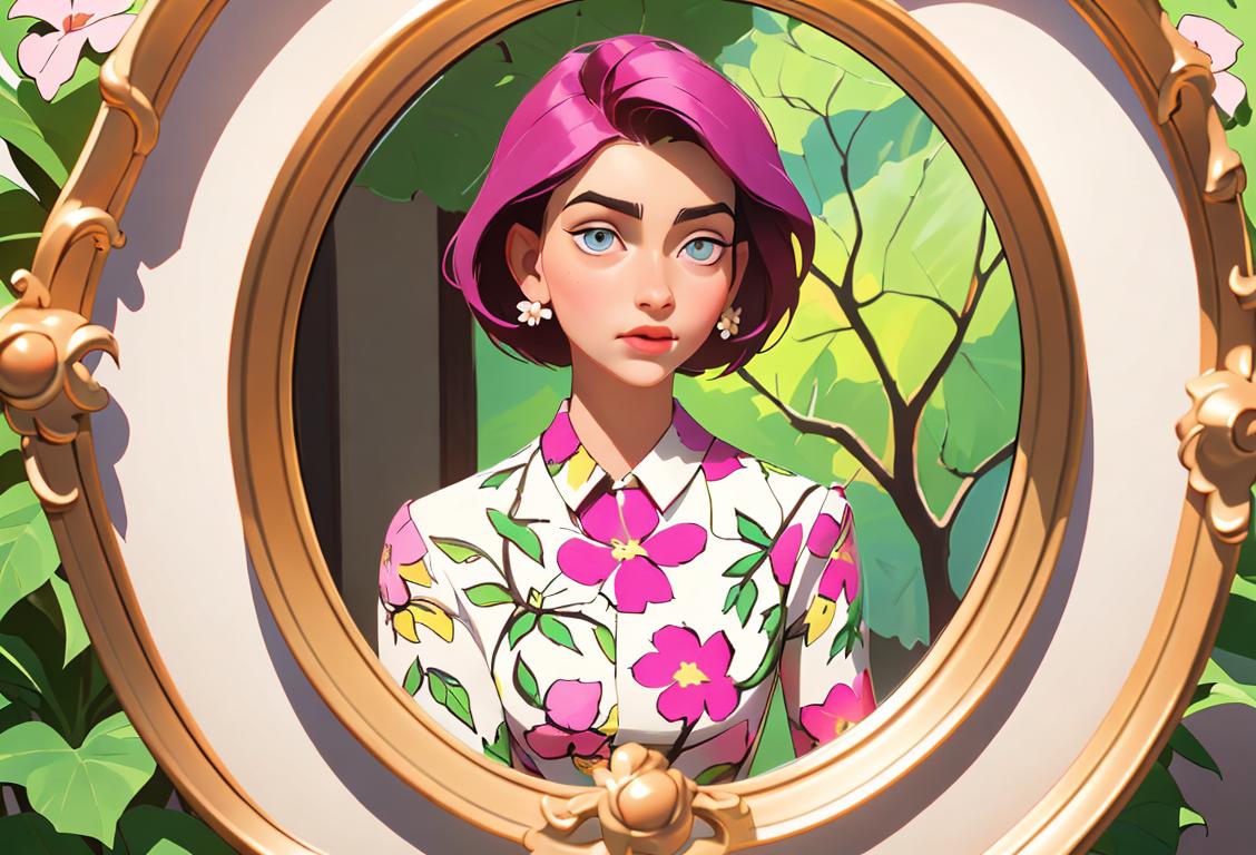 Young person looking into a mirror, wearing a stylish outfit with floral patterns, surrounded by vibrant colors and natural elements..