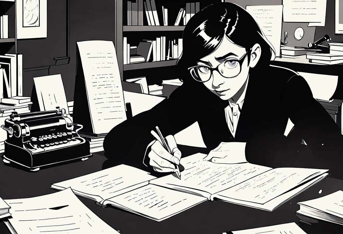 A person sitting at a vintage desk, wearing glasses, ink pen in hand, surrounded by books and typewriter..