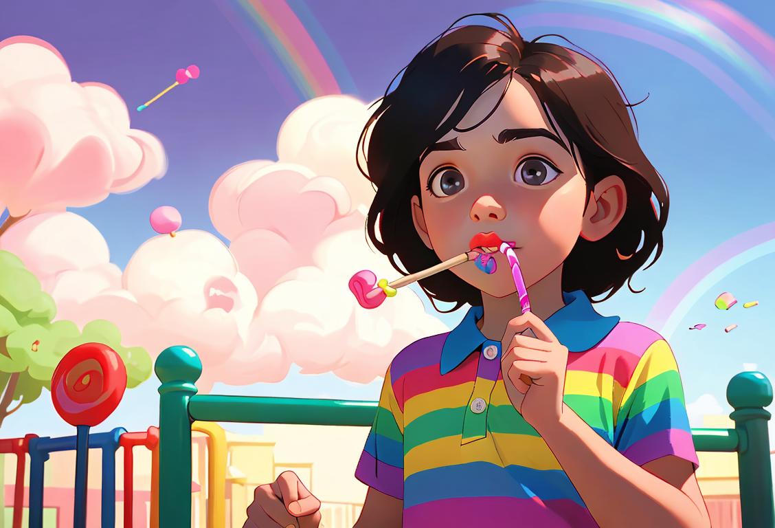Child joyfully holding a colorful lollipop, dressed in a retro striped shirt, vintage playground with rainbow-colored swings in the background..