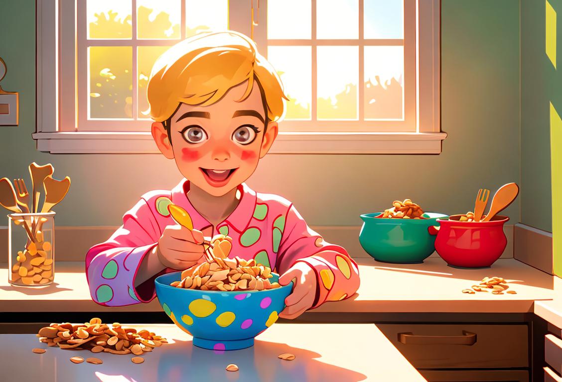 Cheerful child pouring a colorful bowl of cereal, wearing pajamas with funny patterns, cozy kitchen scene with sun rays shining through the window..