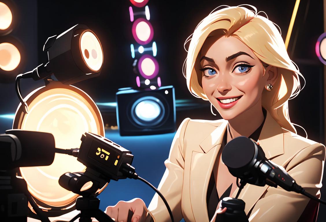 Smiling, well-dressed TV host interviewing a guest, both surrounded by flashy lights, cameras, and a live studio audience..