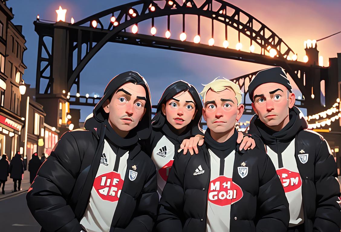 A group of people wearing Newcastle United football shirts, standing next to Tyne Bridge, festive decorations in background..