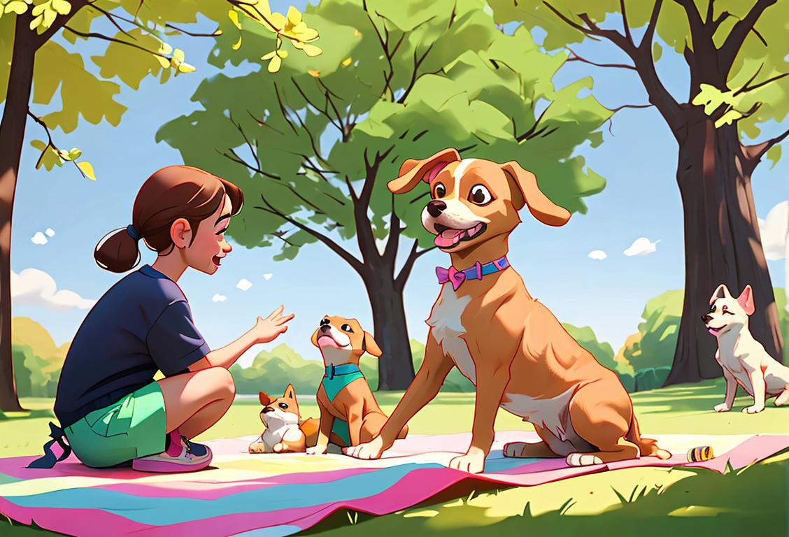 Happy doggos playing in a park, children wearing colorful clothes, summer picnic setting..