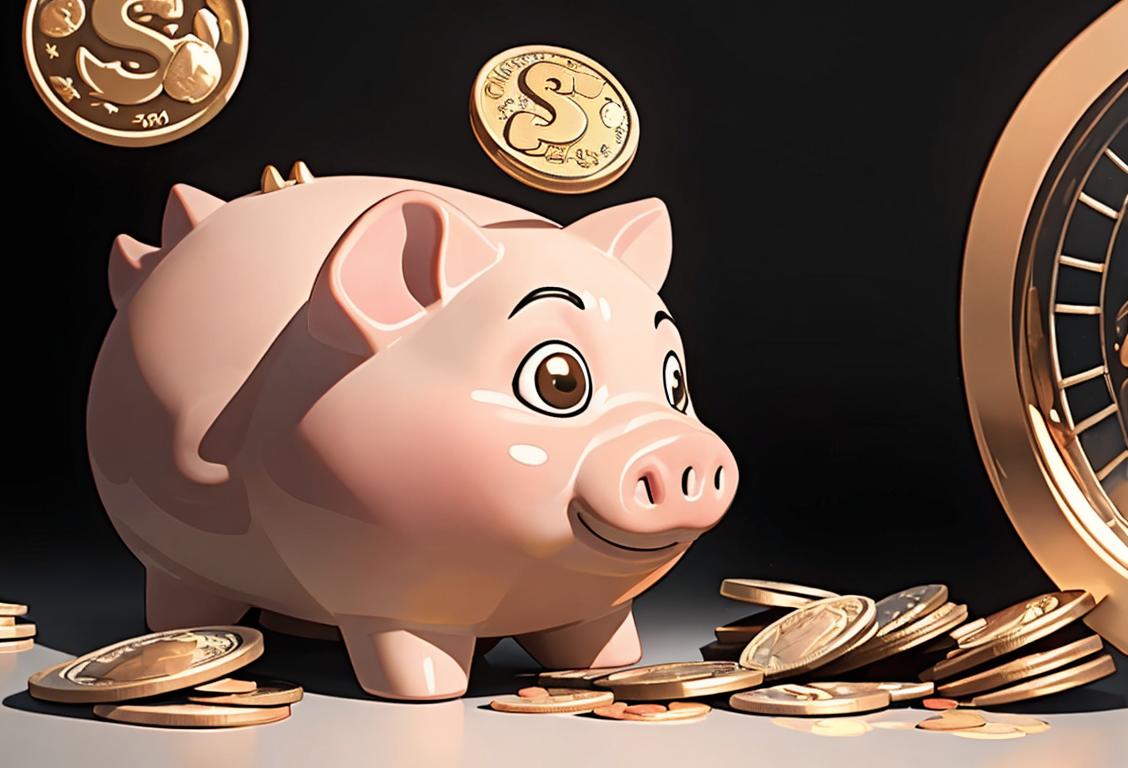 Coins cascading down, showing various currencies, while a child with a piggy bank looks on with wonder..