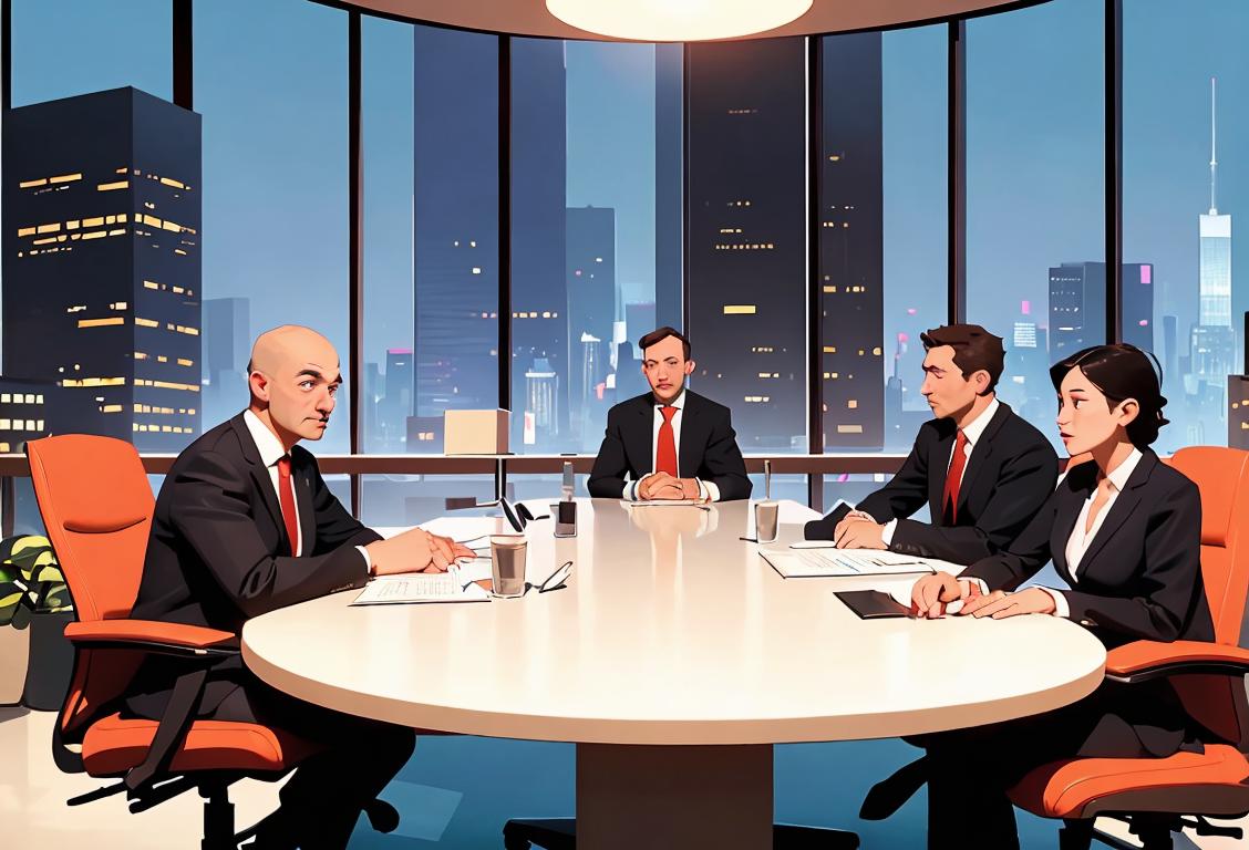 Business professionals in suits, sitting around a conference table, shaking hands, with city skyscrapers in the background..