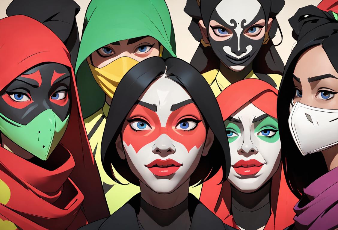 A diverse group of people wearing a variety of masks in different styles and colors, surrounded by a vibrant and festive atmosphere..