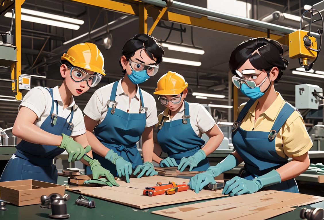 A group of diverse manufacturing workers wearing safety goggles, gloves, and aprons, meticulously assembling products in a modern factory setting..