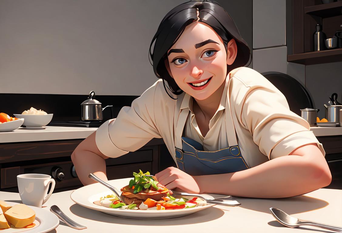 A joyful person enjoying a plate of Noma, surrounded by a cozy atmosphere and wearing a stylish apron..