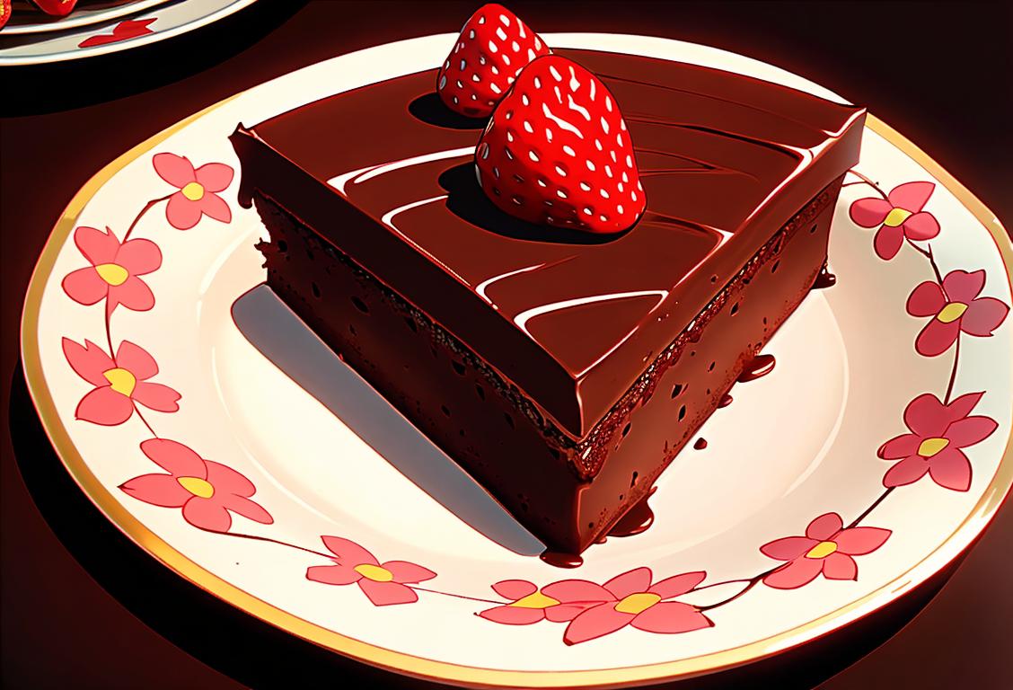 Slice of chocolate cake with rich frosting, adorned with strawberries, on a vintage floral patterned plate..