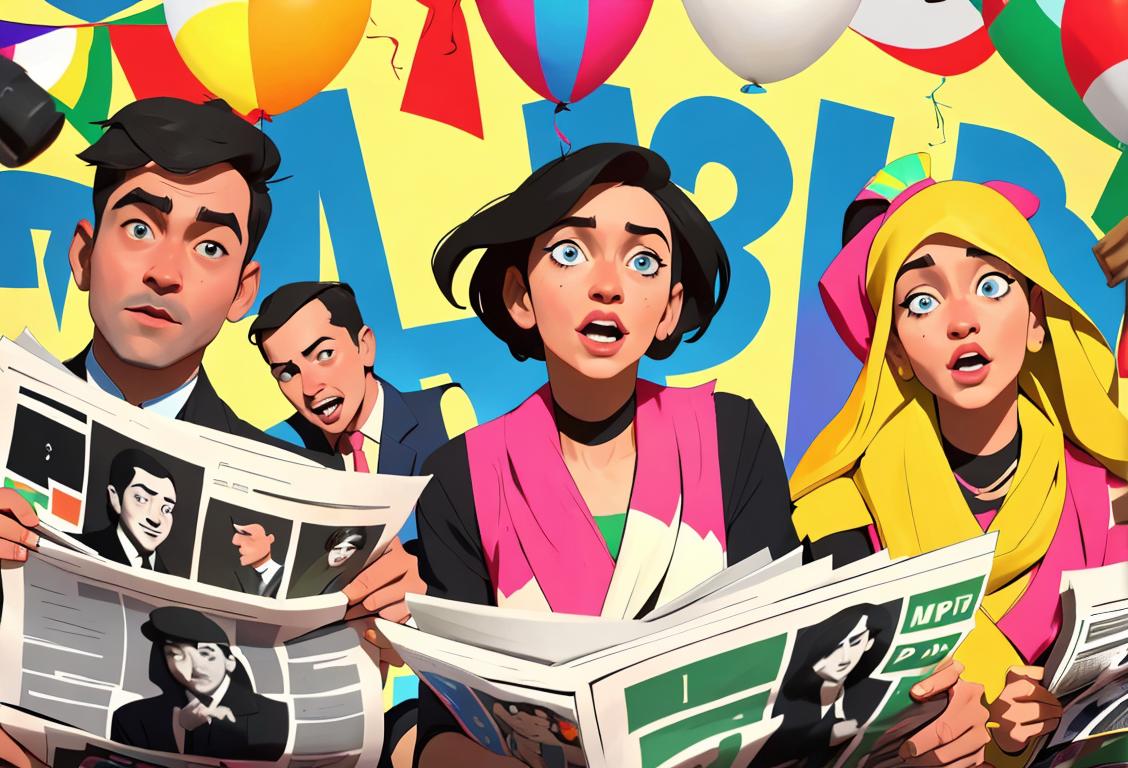 Group of diverse people celebrating National Post Could Possibly Run This Three Day, wearing colorful attire, newspaper-themed backdrop, energetic party atmosphere..
