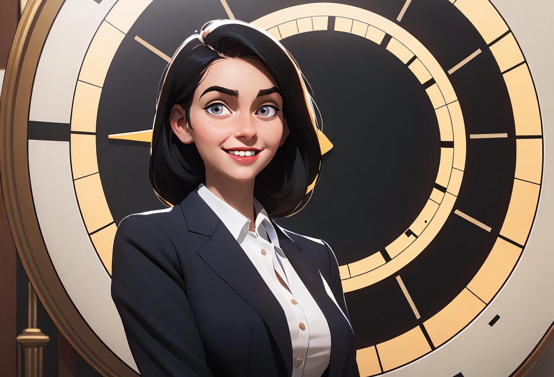 Smiling young woman in professional attire, standing in front of a giant digital clock displaying the national debt count..