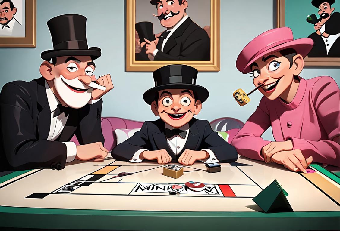 Group of diverse people gathered around a Monopoly board, wearing casual attire, laughing and enjoying the game, modern living room setting..