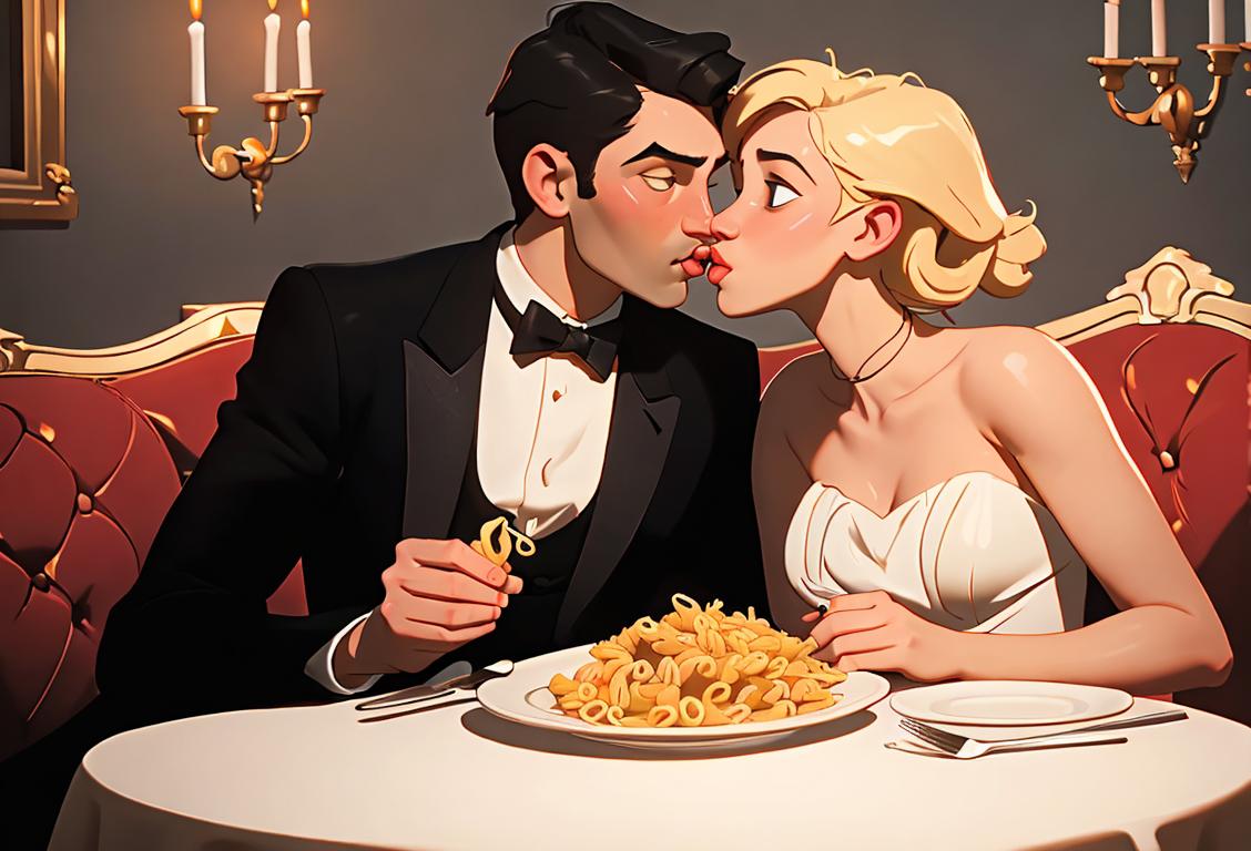 A couple sharing a romantic pasta dish, dressed in elegant attire, sitting in a candlelit Italian restaurant..