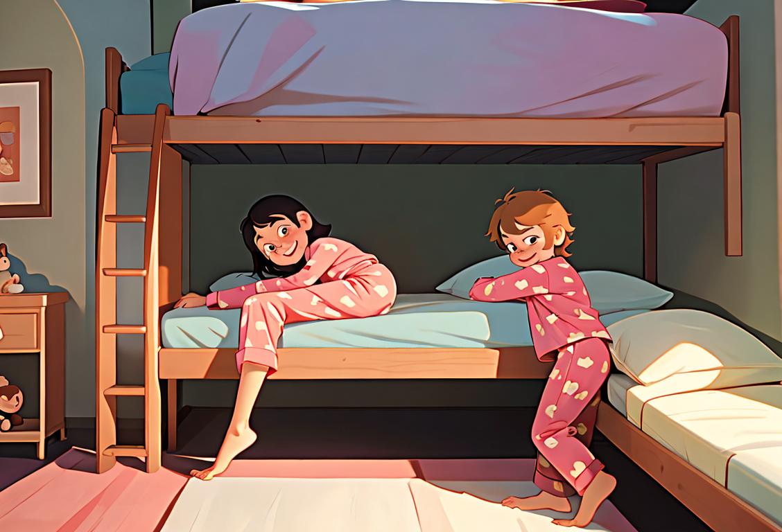 Two kids in pajamas, one climbing a bunk bed ladder with a smile, while the other reads a bedtime story in a cozy bedroom..