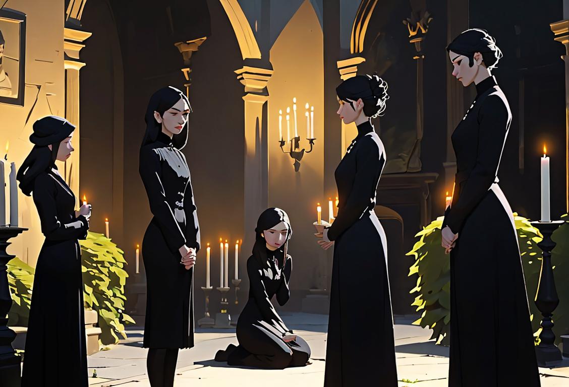 A group of people wearing black attire, holding lit candles, standing in a peaceful garden setting..