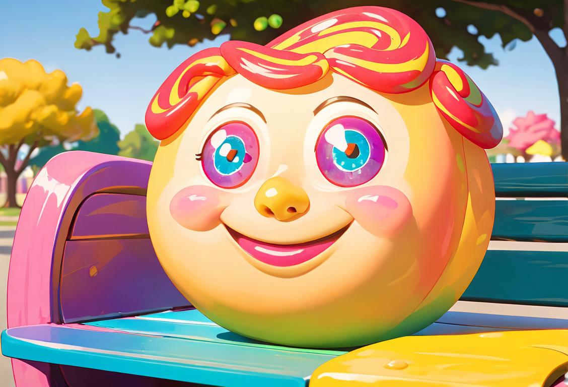 Colorful gumdrops arranged in the shape of a smiling face on a sunny park bench..