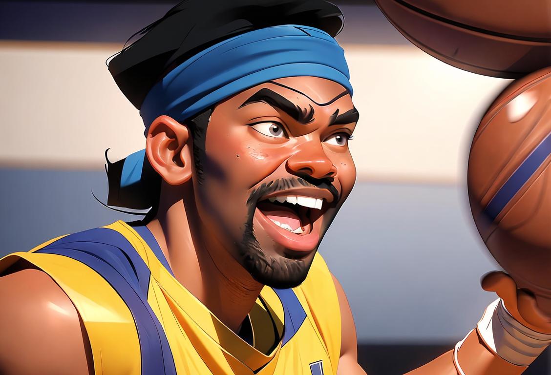 A close-up image of a basketball player, wearing a headband and a cheerful smile, surrounded by a frenzy of excited fans..