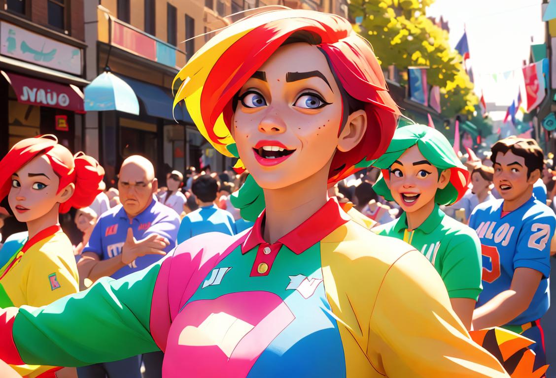 A group of diverse people wearing colorful jerseys, dancing and having fun in a bustling street parade, celebrating National nj Day..