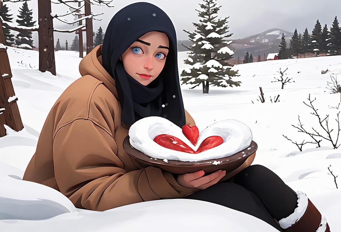 Warm-hearted person dressed in cozy winter clothing, surrounded by giving symbols and a snowy landscape..