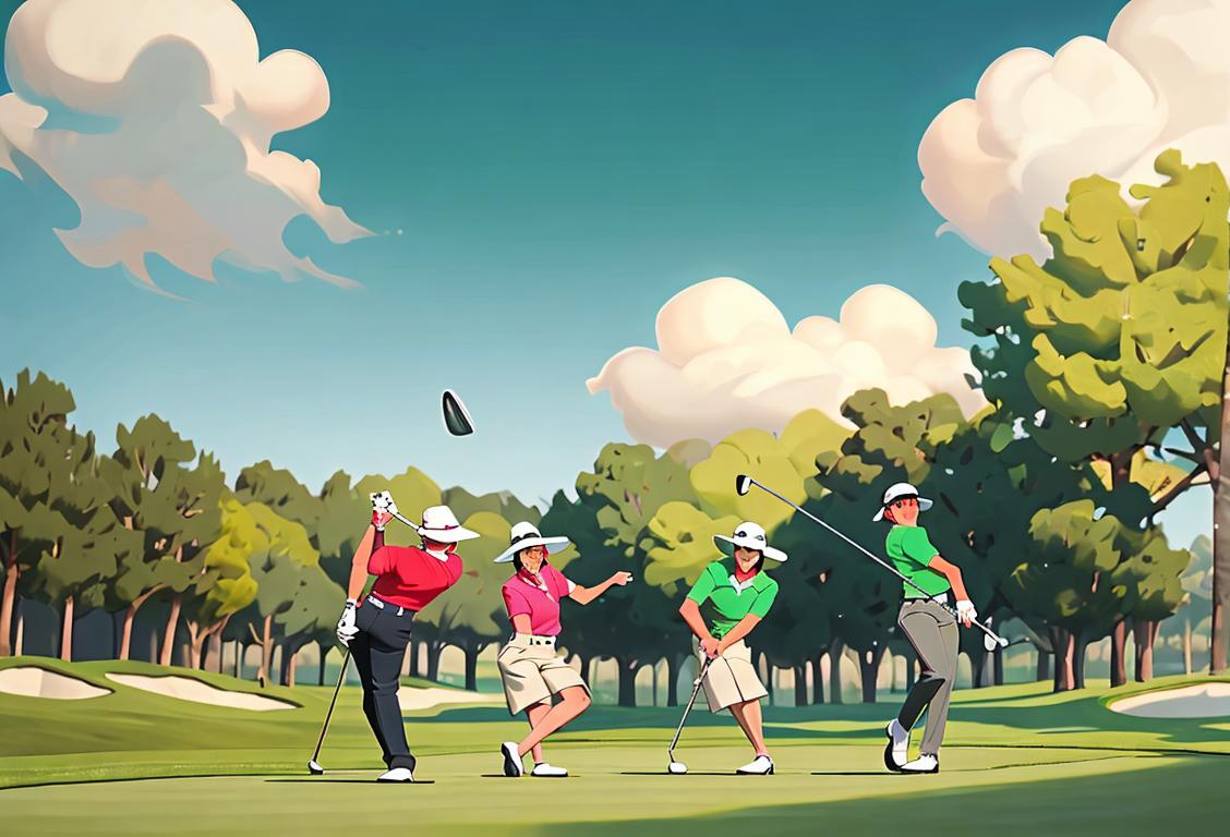 A group of people wearing colorful golf attire, swinging golf clubs on a lush green golf course with amused expressions..