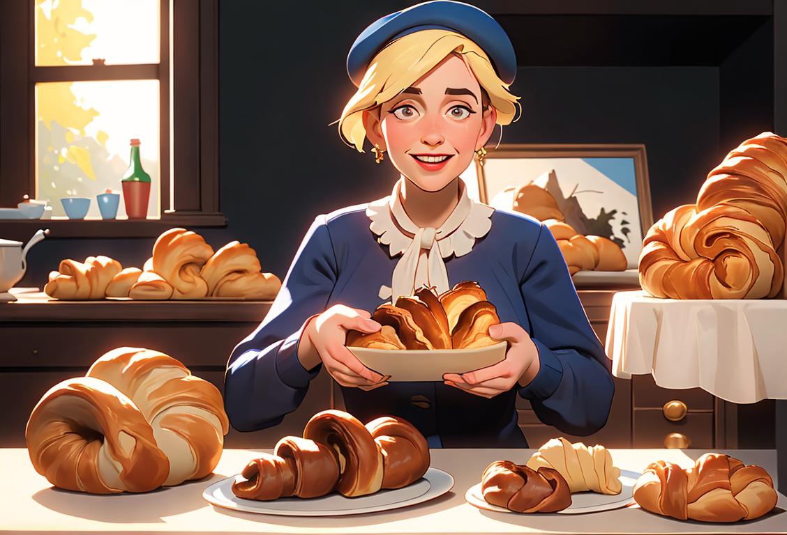 Illustrate a scene with a joyful person wearing a traditional Acadian beret, holding a freshly baked croissant, surrounded by French influences and digital elements..