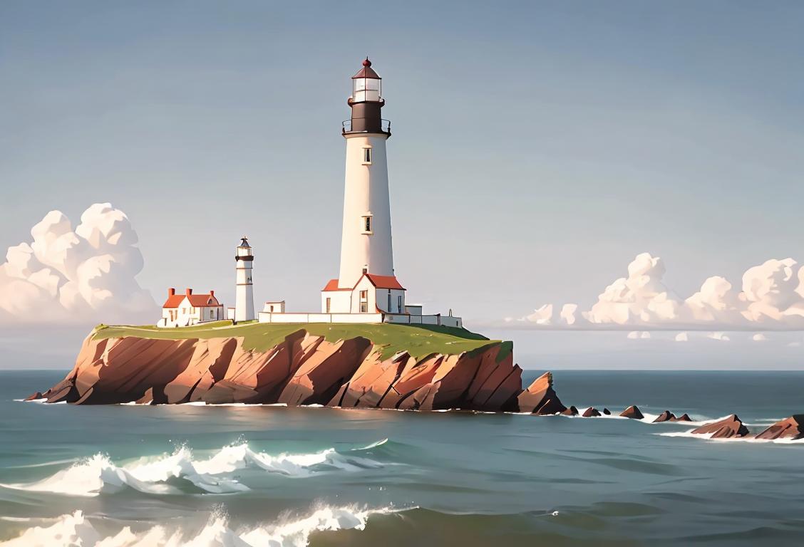 A lighthouse keeper wearing a traditional sailor hat, standing beside a tall lighthouse, overlooking a picturesque coastal scene..