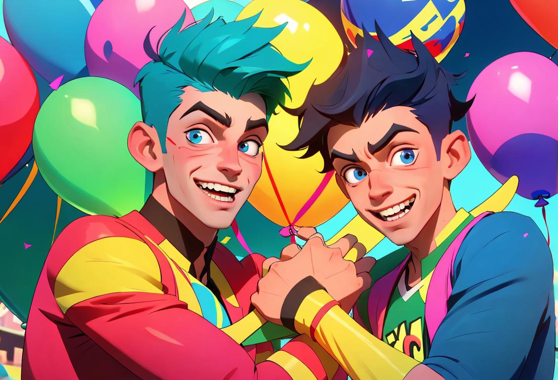 Teenage boys with mischievous smiles, wearing colorful outfits, surrounded by a vibrant carnival setting filled with confetti and balloons..
