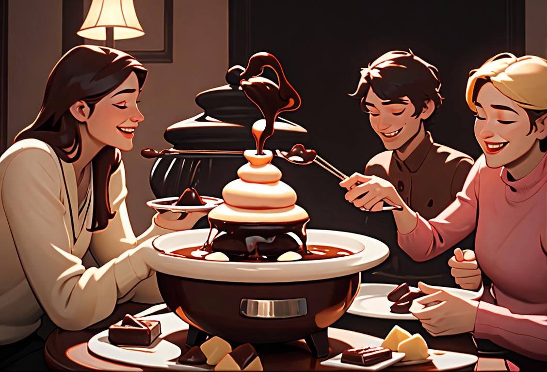 Group of friends gathered around a chocolate fondue fountain, wearing casual attire, cozy indoor setting, laughter and indulgence in the air..